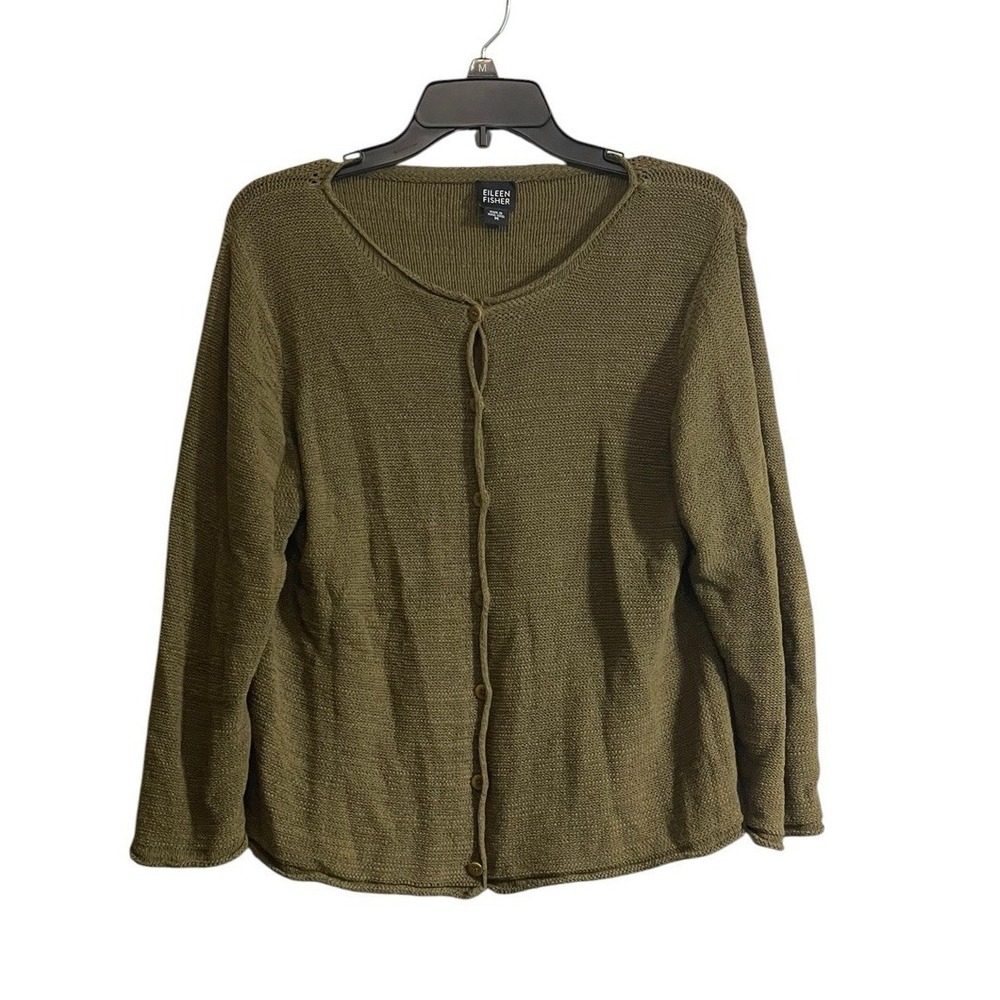 Vtg Eileen Fisher Medium Cardigan Sweater Button Moss Stitch Knit Olive Green